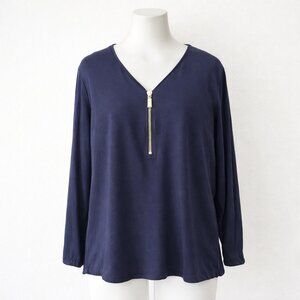 Michael Kors Navy Zip Neck Blouse Small Gold Zipper Long Sleeve Rayon Top